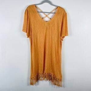 Avenue Plus Size 18 20 Short Sleeve Fringe Hem Cross Back Tunic Top Orange
